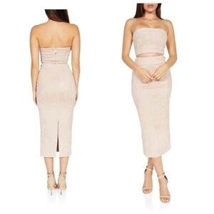 B X Runaway Rhythm Two Piece Suede Skirt and Top in Blush Beige Sz S.